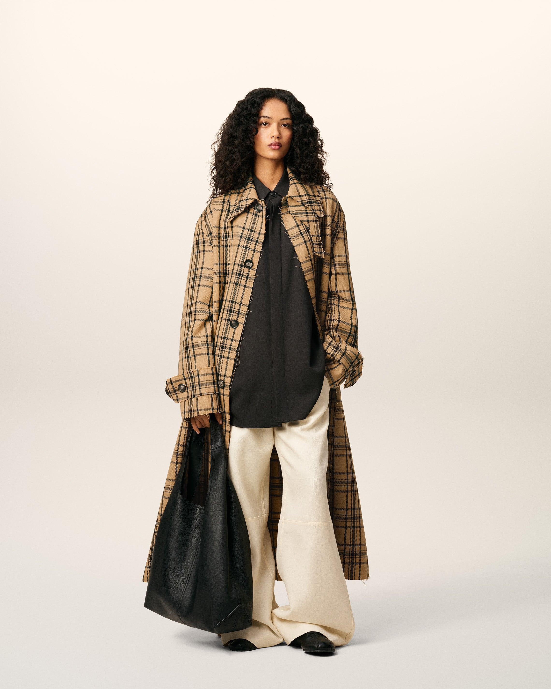 BROWN WOOL CHECKED BELTED MAC - 2