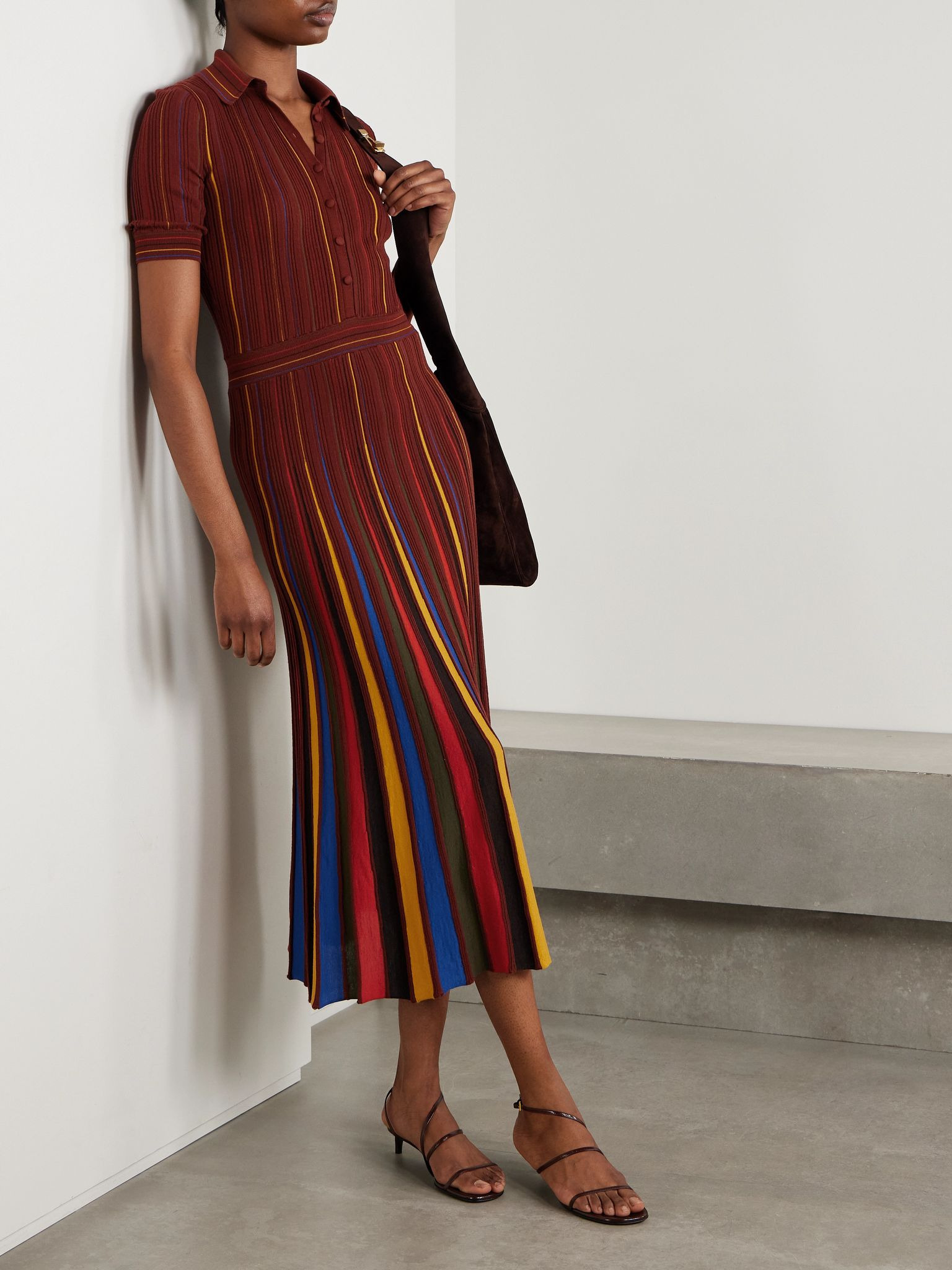 Calypso ribbed striped merino wool midi dress Burgundy - 2
