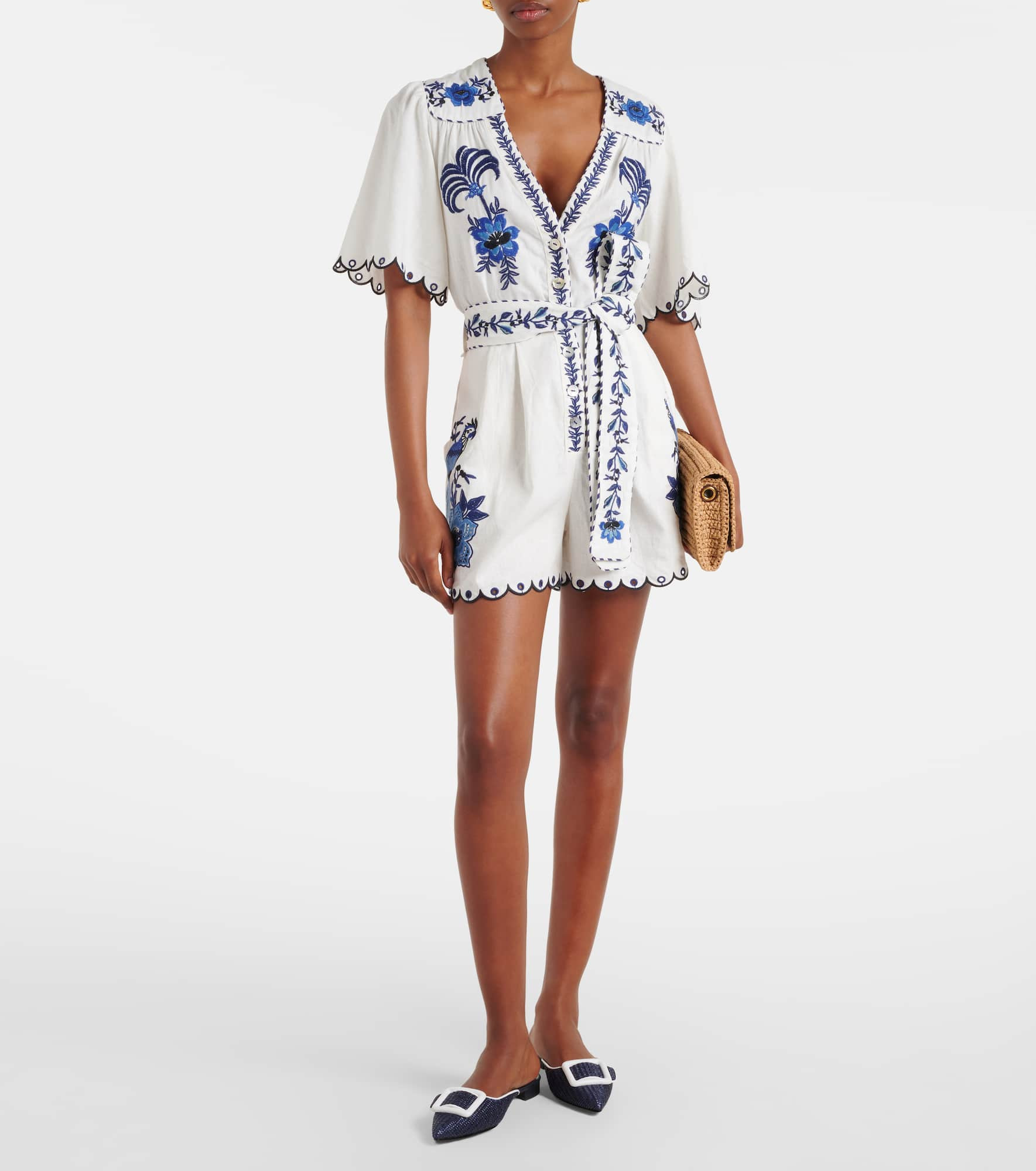 Embroidered linen-blend romper - 2