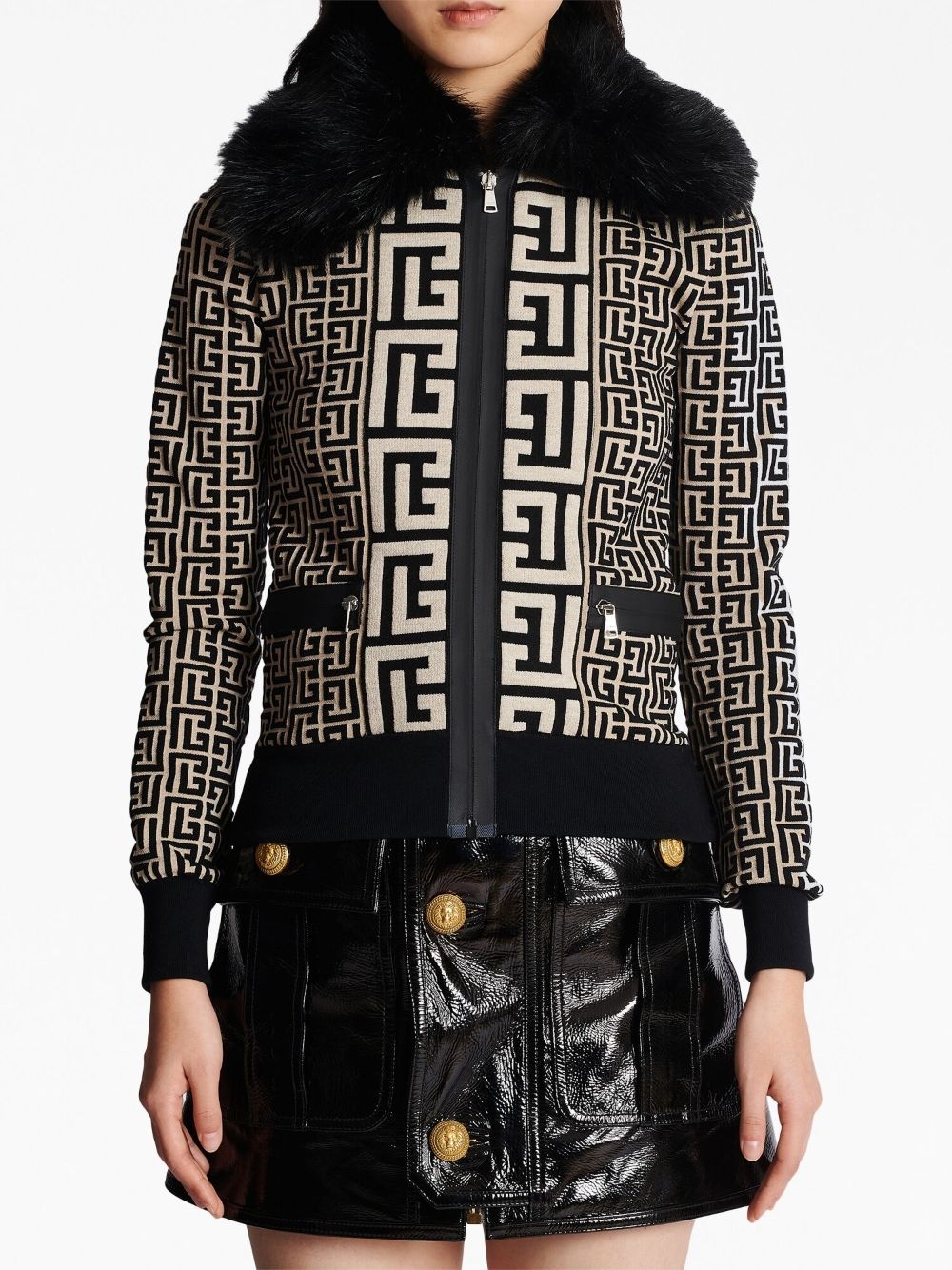 faux fur collar monogram jacket - 5