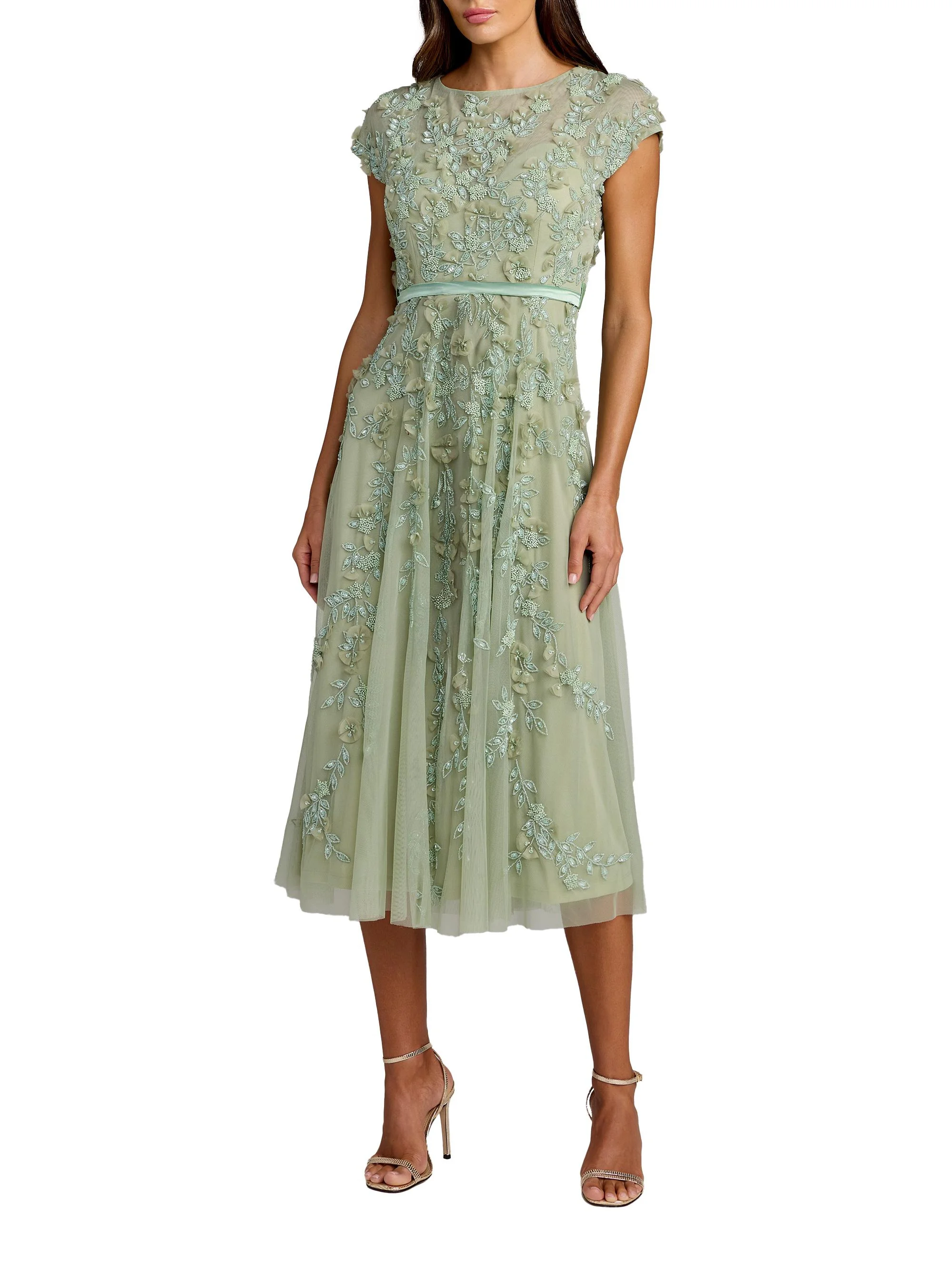 Women's Embellished Mesh A-Line Cocktail Dress - Sage - 1