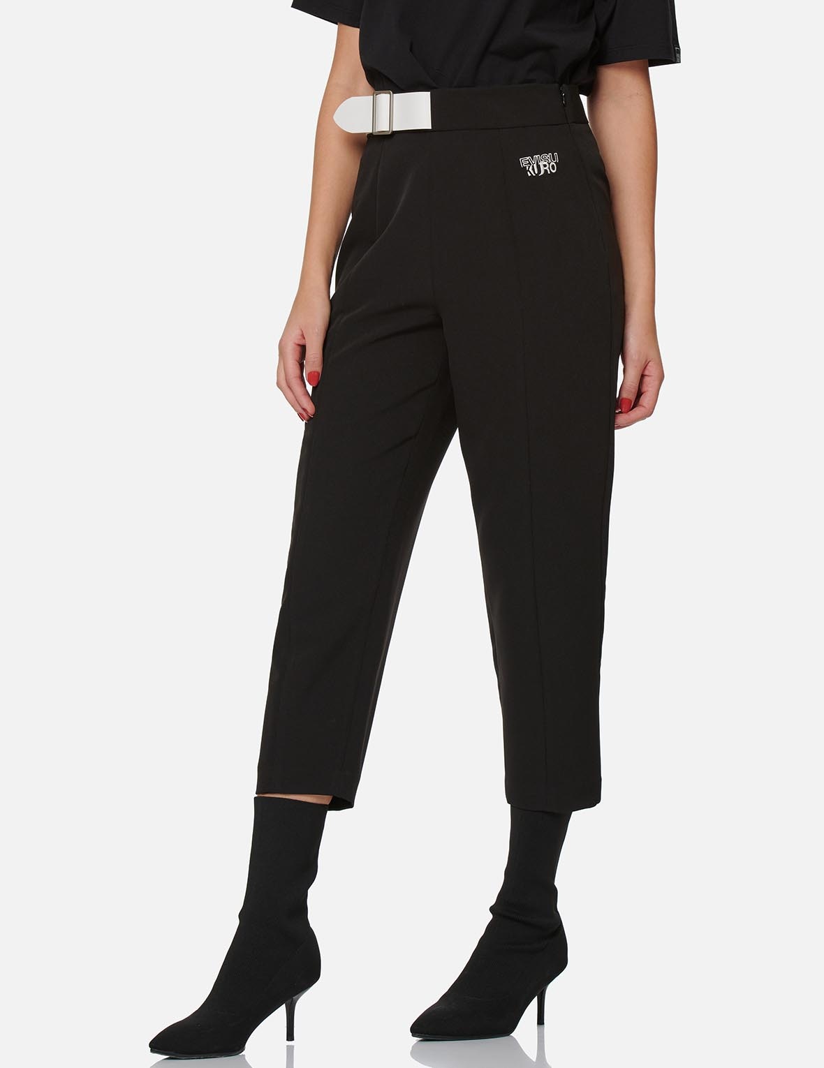 Partial Leather Buckle Belt Cropped Straight Fit Pants - 7