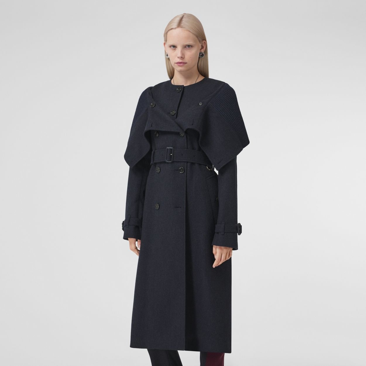 Rib Knit Collar Wool Cashmere Trench Coat - 6