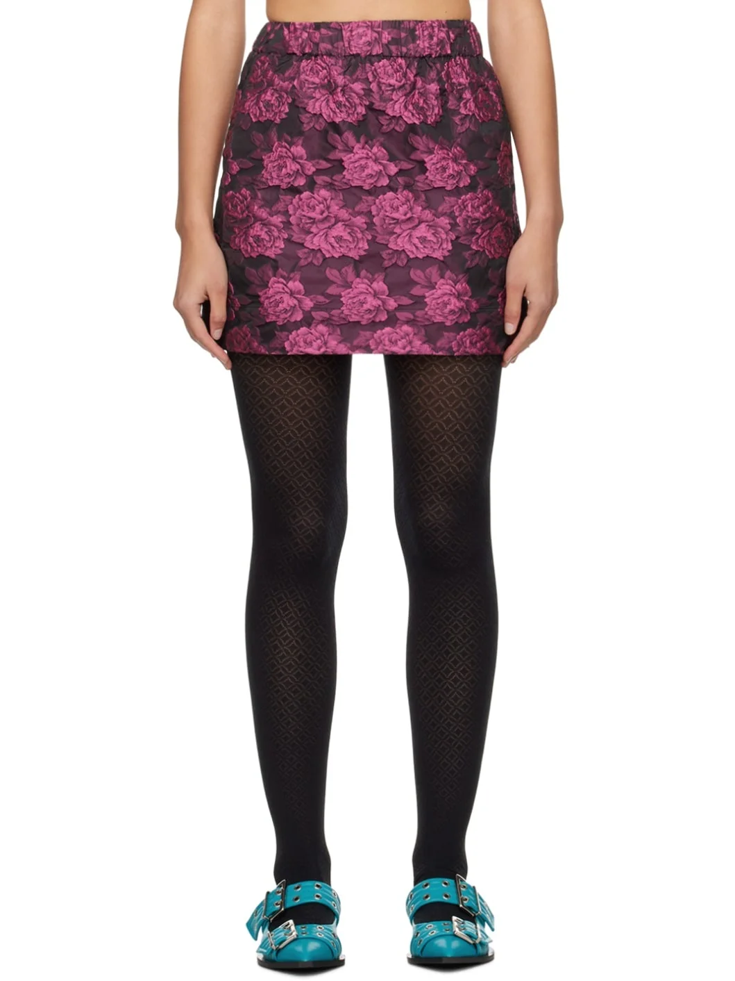 Pink & Black Botanical Jacquard Miniskirt - 1