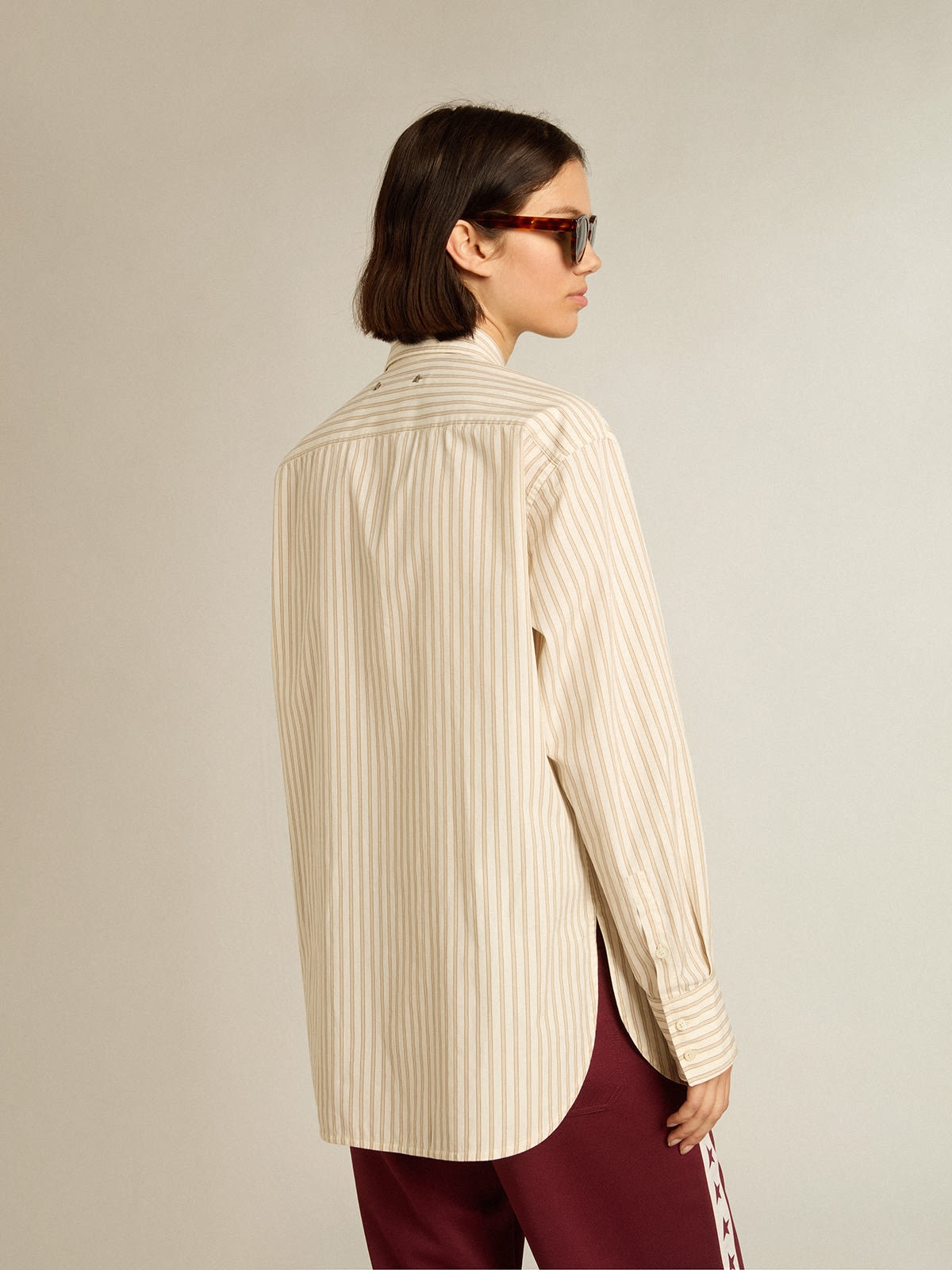 Women’s white cotton shirt with beige stripes - 4
