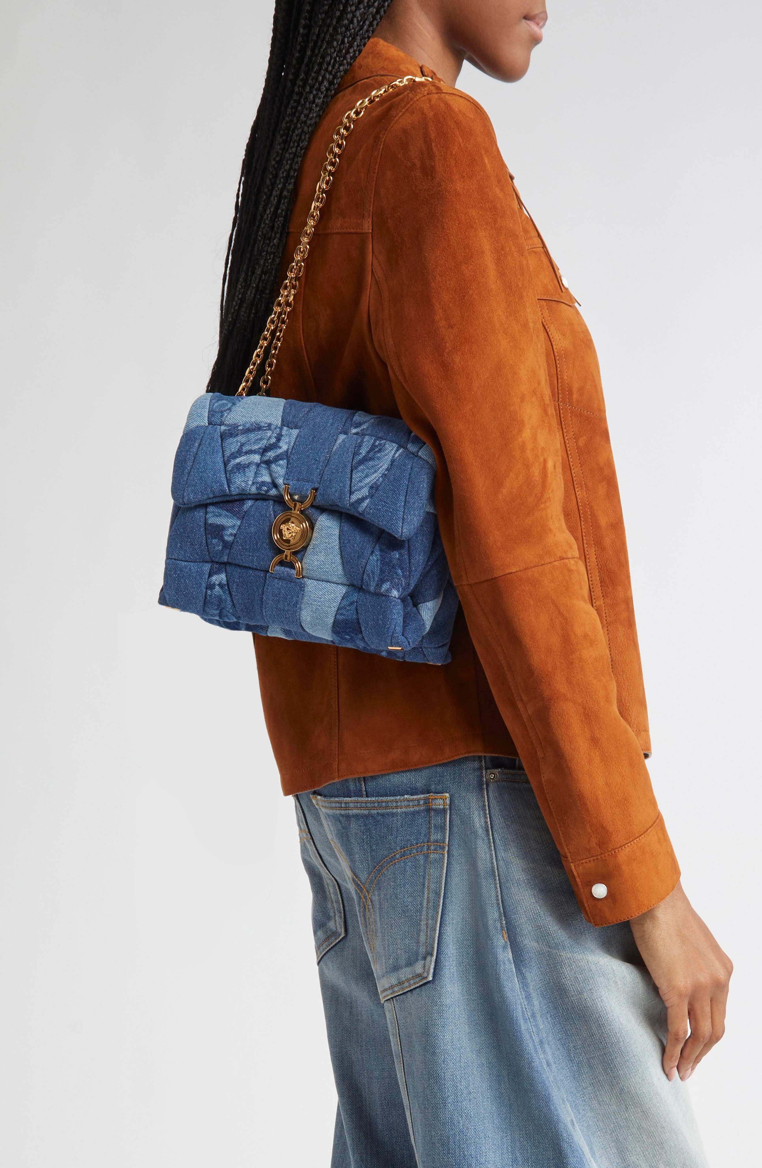 Versace Medusa 95 Quilted Patchwork Denim Shoulder Bag in Blue Versace Gold at Nordstrom - 3