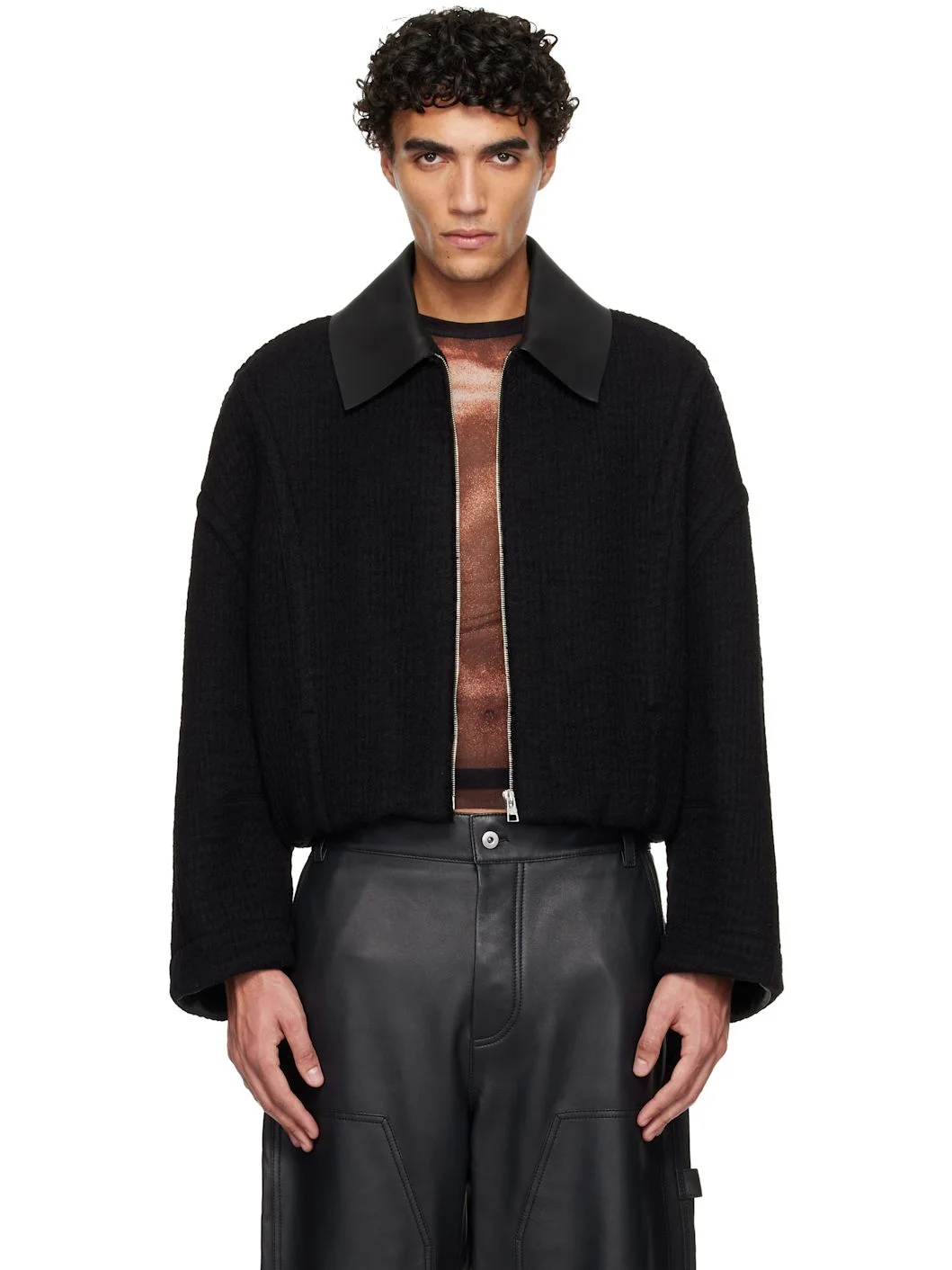 Black Heavy Wool Bomber Jacket - 1