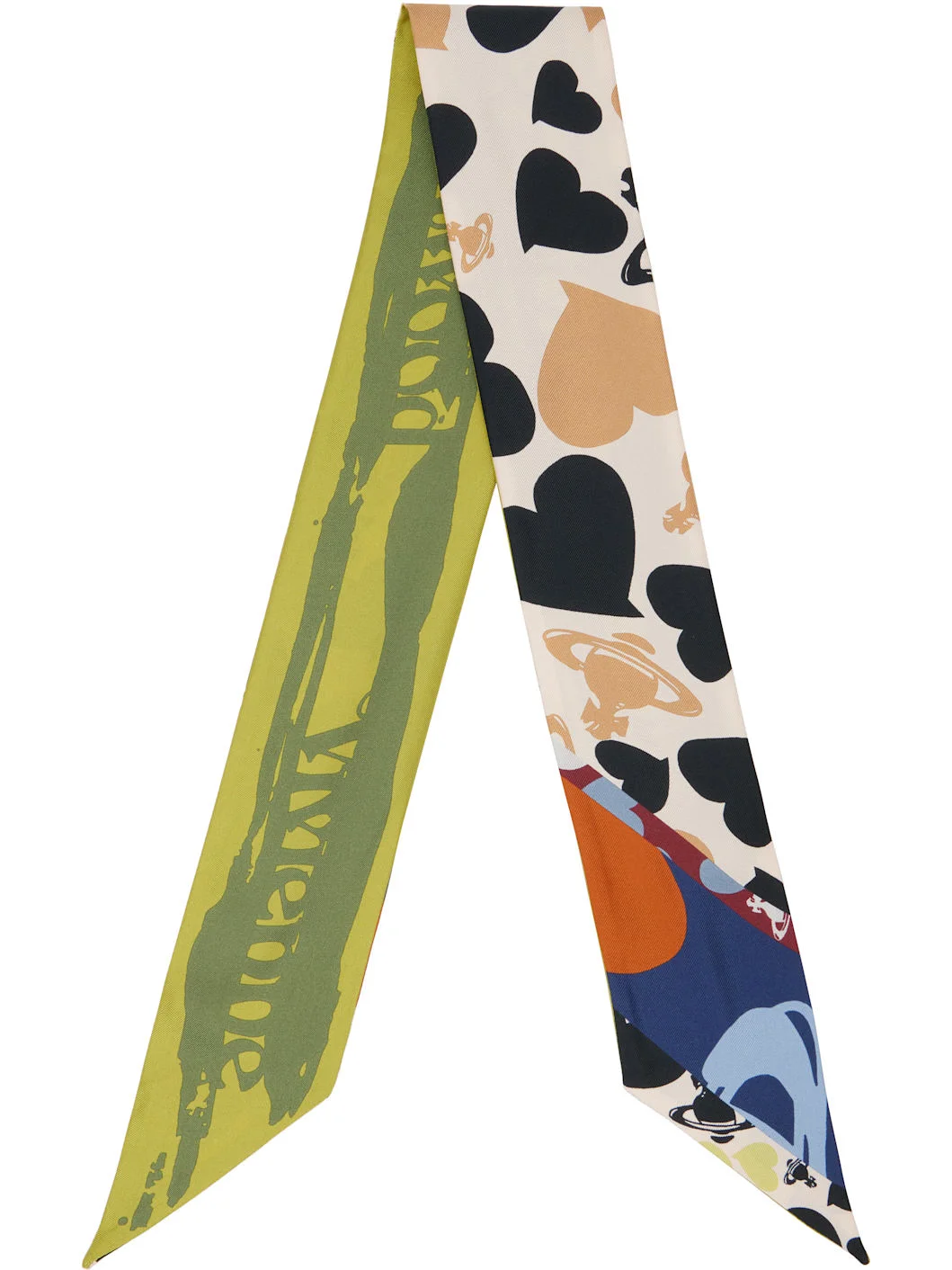 Beige & Green Hearts & Orbs Twilly Skinny Scarf - 1