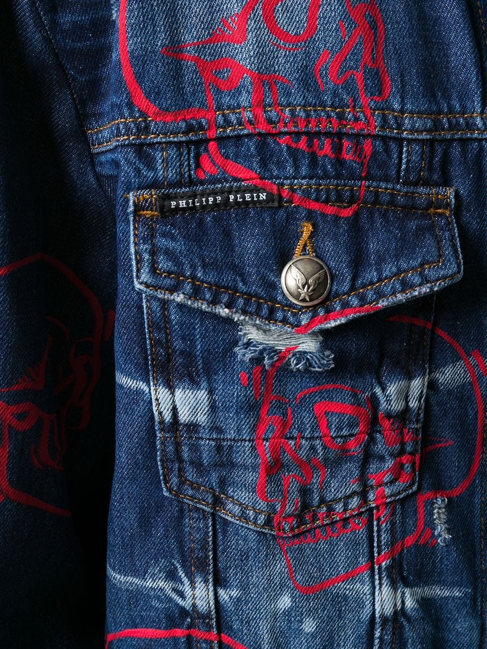 outline skull denim jacket - 5