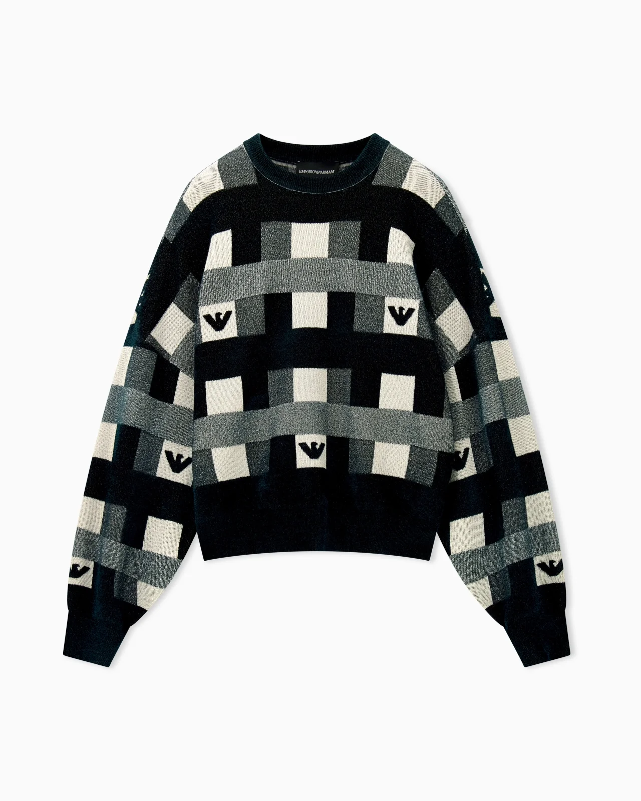 CREW NECK PULLOVER WITH CHECKERED INLAY GRAPHIC AND LOGO - 1