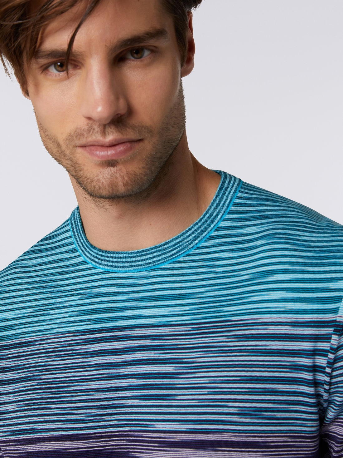 Short-sleeved crew-neck T-shirt in cotton knit with dégradé stripes - 5