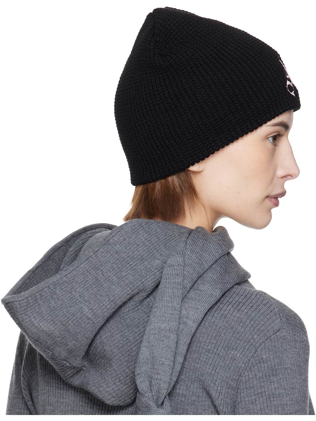 Black 'AE' Waffle Beanie - 3