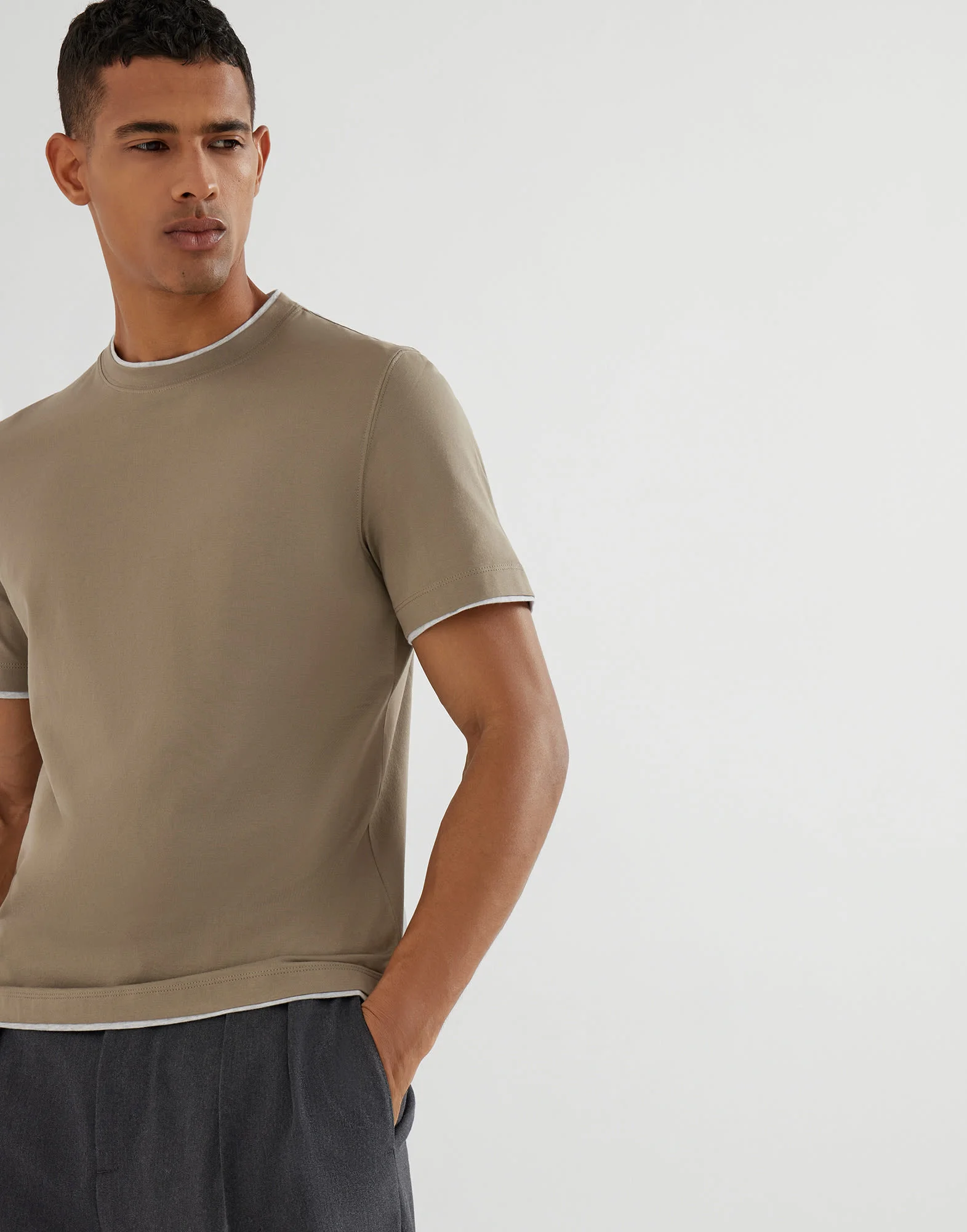 Cotton jersey crew neck T-shirt with faux-layering - 1