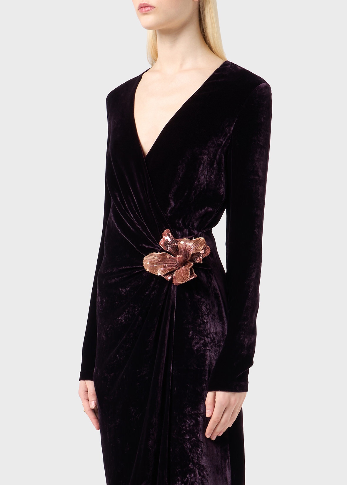 MIDI DRESS IN HAMMERED VELVET WITH FLOWER - 5