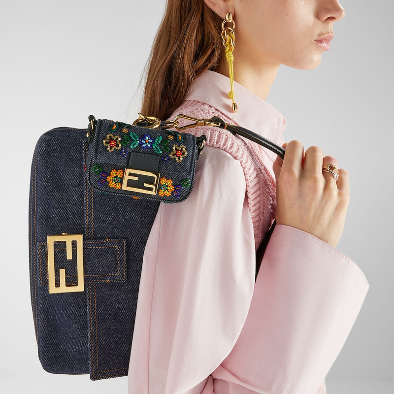 FENDI Nano Baguette Charm Blue denim charm with appliqués outlook