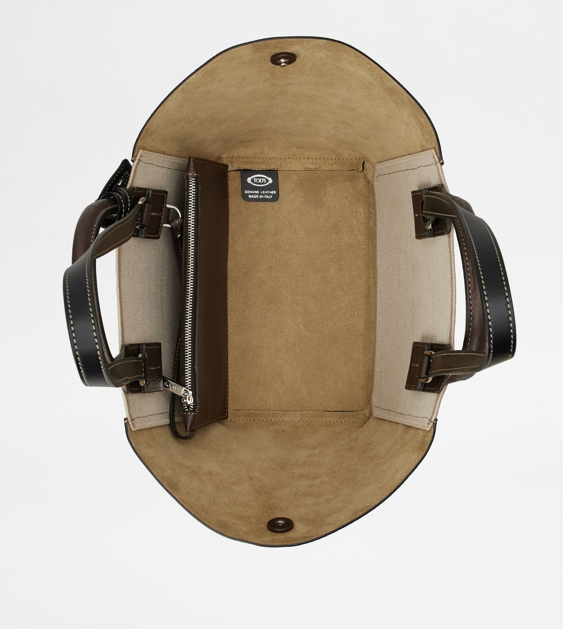 TOD'S DOUBLE UP SHOPPING BAG IN LEATHER AND CANVAS SMALL - BROWN, OFF WHITE - 7