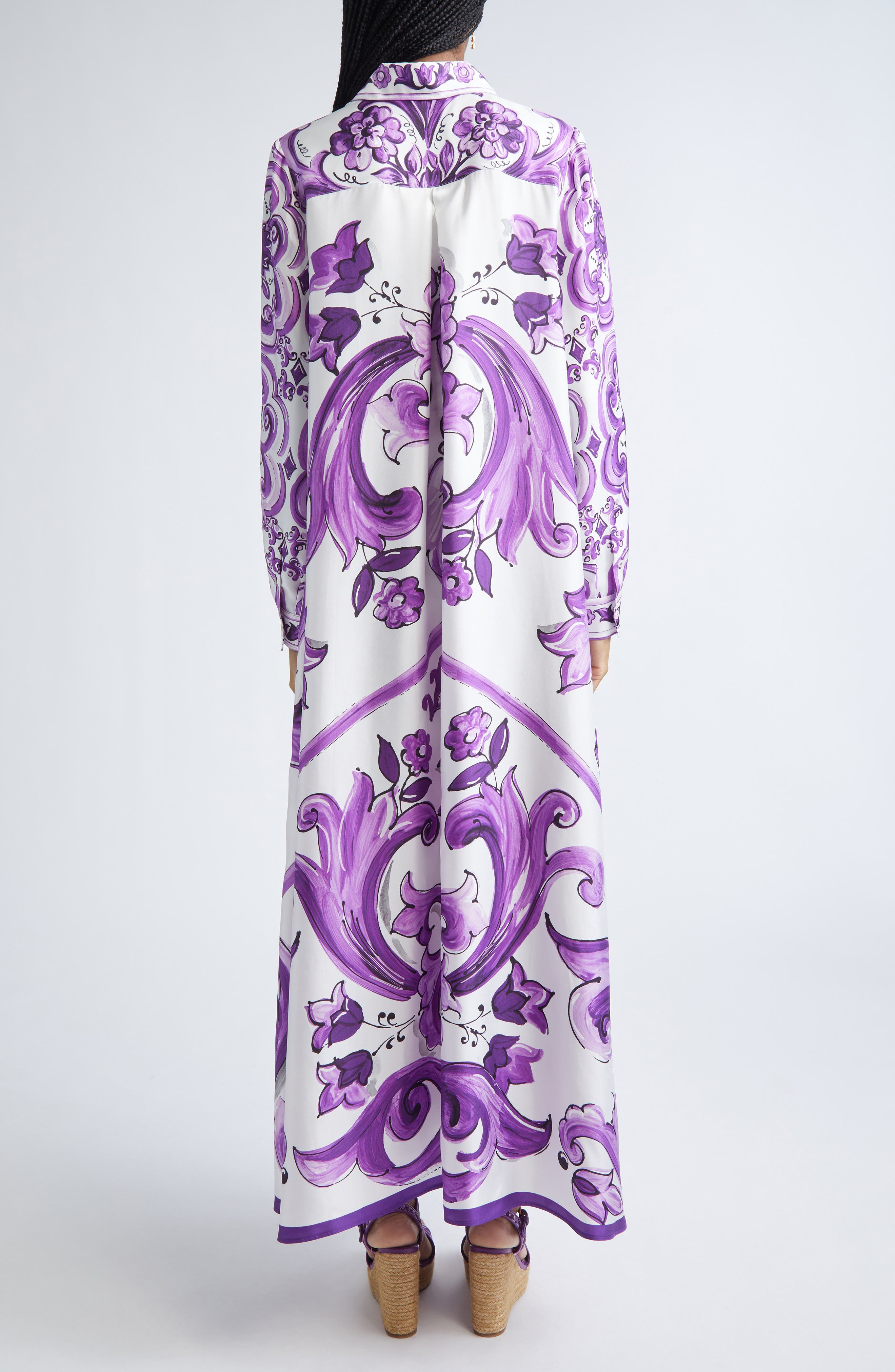 Dolce&Gabbana Majolica Print Long Sleeve Silk Shirtdress in Ip3Tn Mix Maiolica Viola at Nordstrom - 2