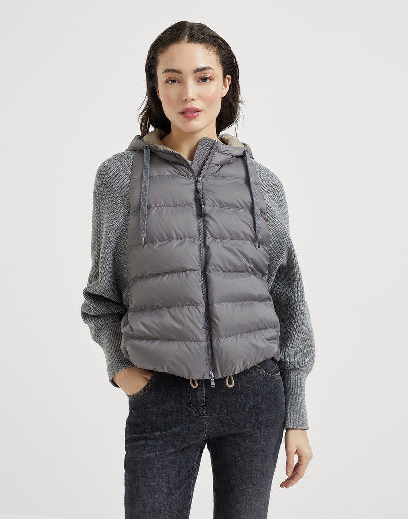 Water-resistant matte nylon hooded down jacket with monili and sleeves in virgin wool, cashmere and - 1