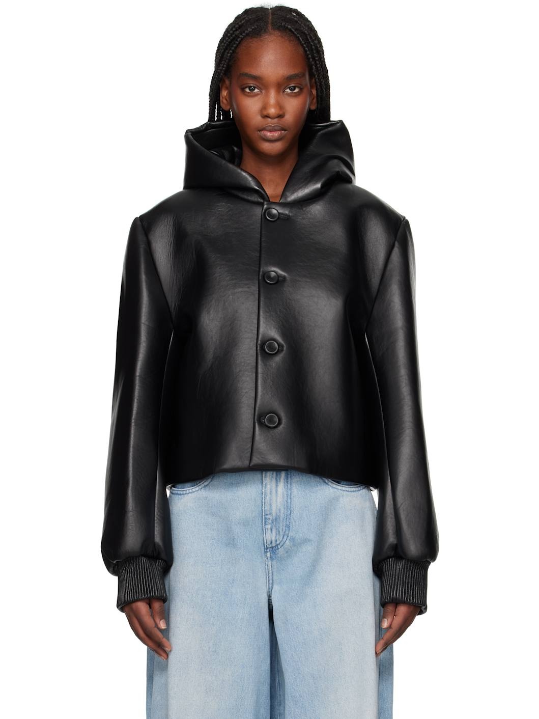 Black Cropped Hooded Blouson Leather Jacket - 1