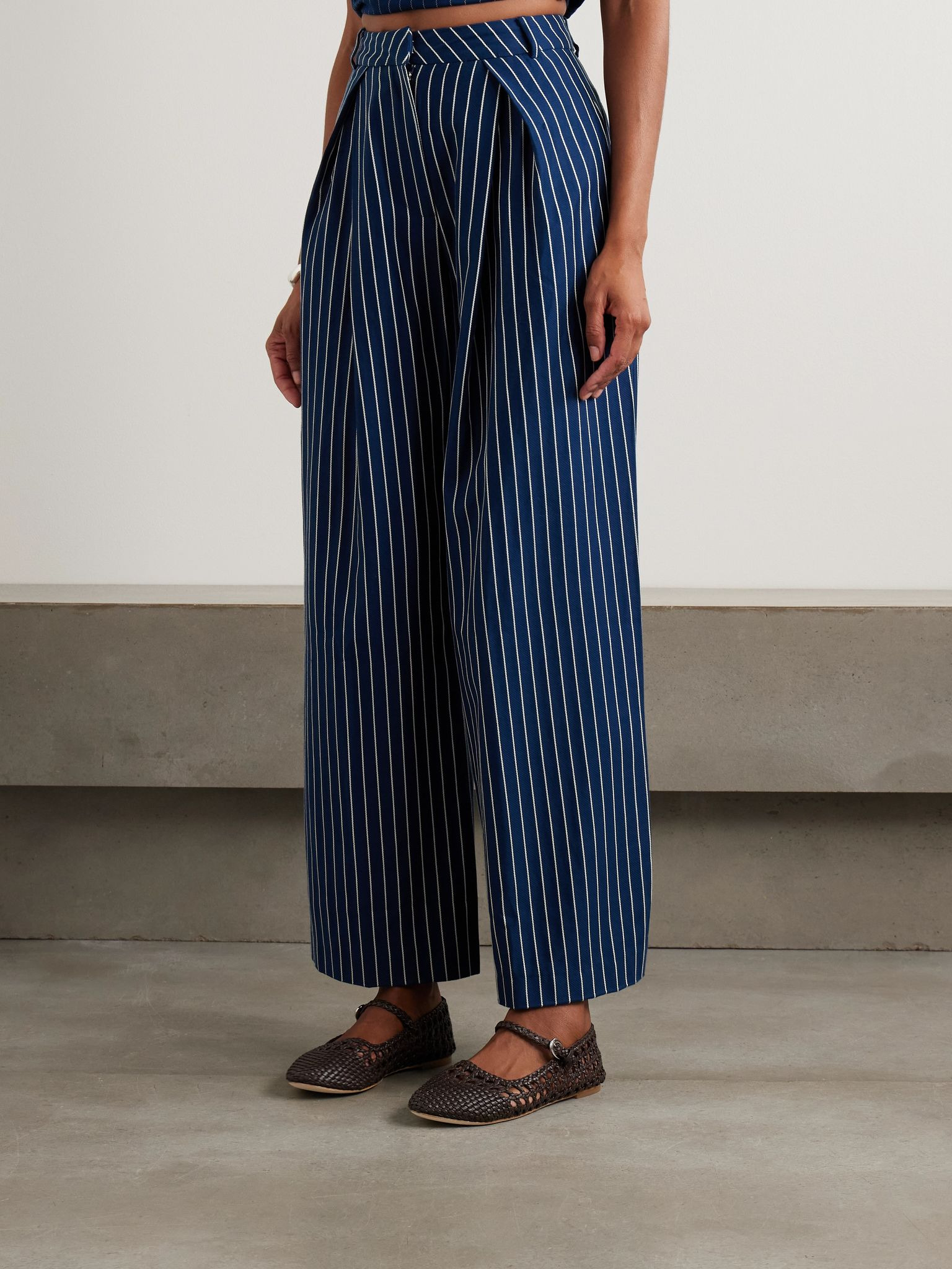 Lalia pleated striped cotton-blend twill wide-leg pants Navy - 3