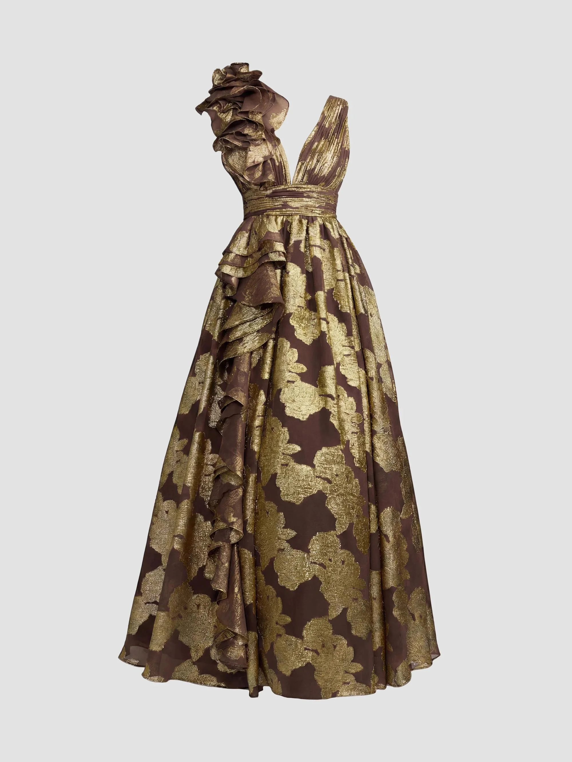 Women's Metallic Floral Brocade Ball Gown - Chocolate - 1