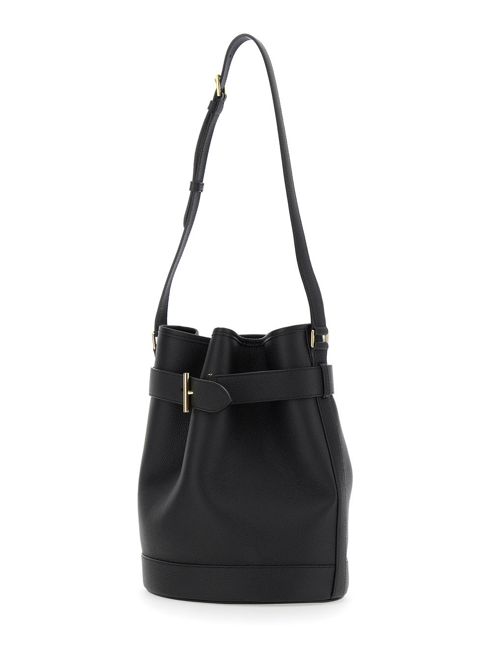 Tom Ford Women Black Medium Bucket Bag With Adjustable Shoulder Strap And Buckle Closure In Grained  - 2