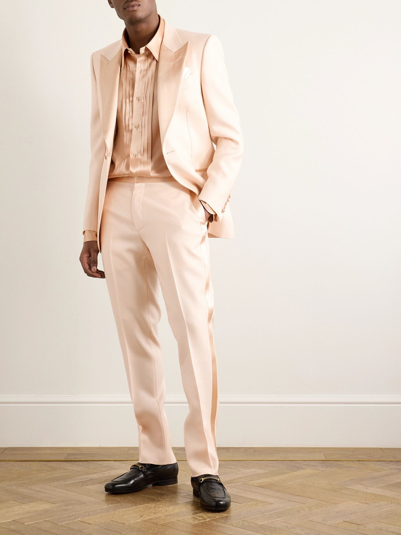 TOM FORD Tapered Satin-Trimmed Wool and Silk-Blend Twill Tuxedo Trousers Beige outlook