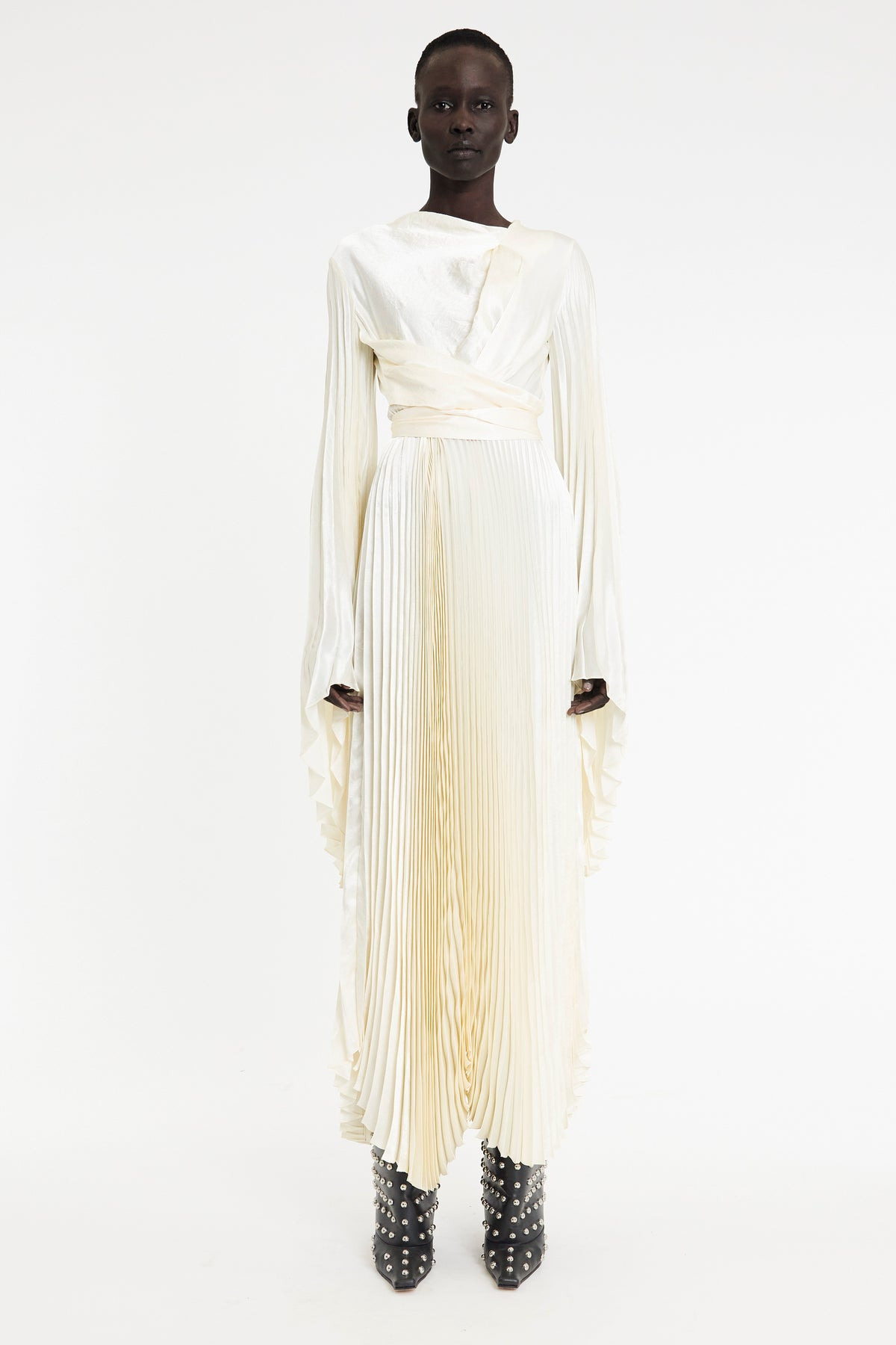 WRAP AROUND MAXI DRESS WITH PLEATED SKIRT AND SLEEVES IVORY - 3