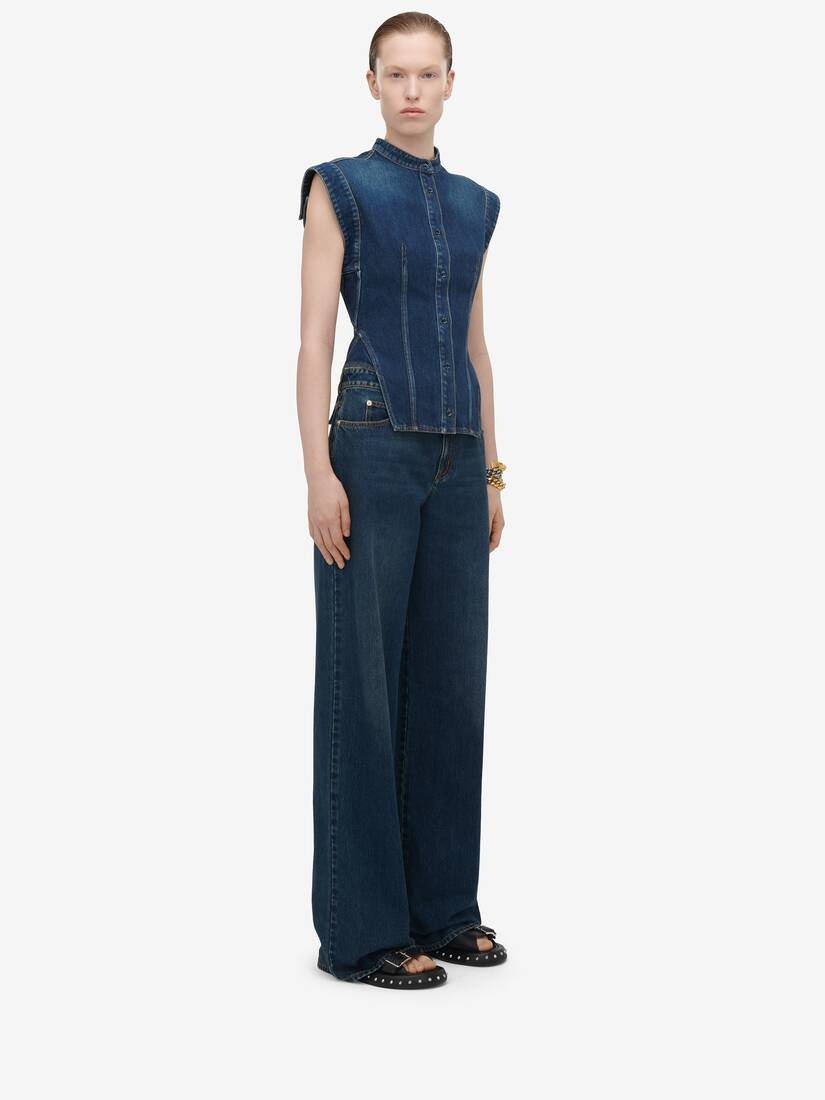 Women's Cap Sleeve Denim Shirt in Indigo - 4