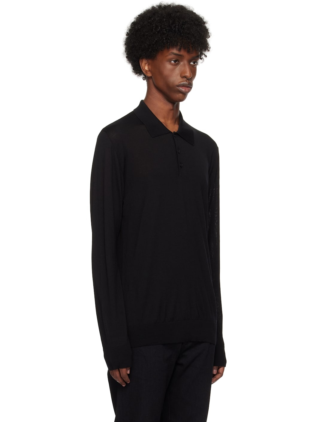 Black Long-Sleeved Merino Wool Polo - 2