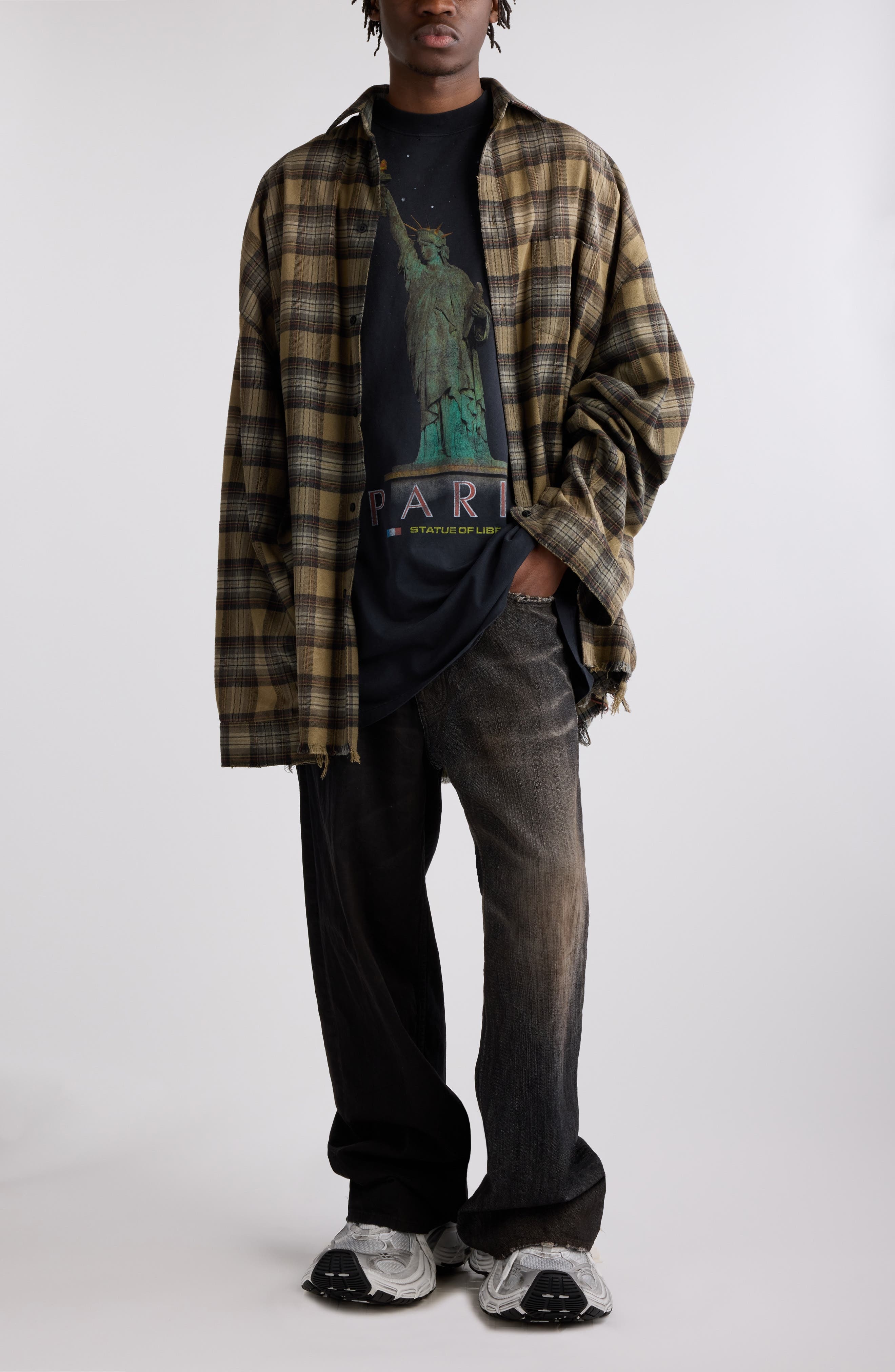 Balenciaga Layered Plaid Distressed Paris Liberty Graphic Top in Light Khaki at Nordstrom - 2