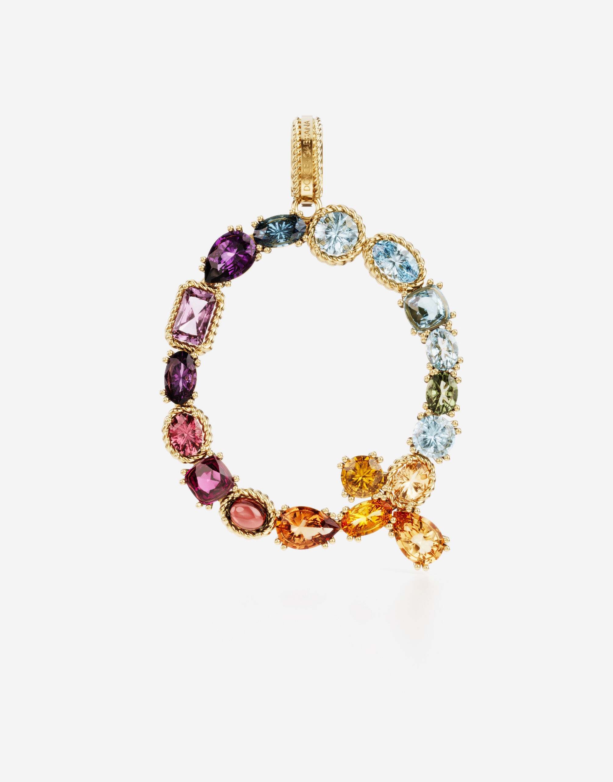 Rainbow alphabet Q 18 kt yellow gold charm with multicolor fine gems - 1