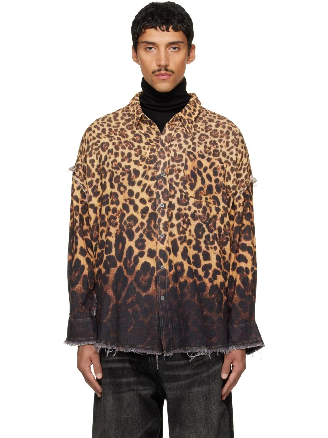 Beige & Brown Shredded Seam Drop Neck Shirt - 1