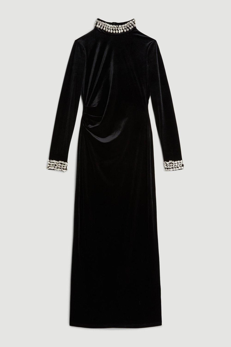 Stretch Velvet Crystal Embellished Long Sleeve Maxi Dress 4