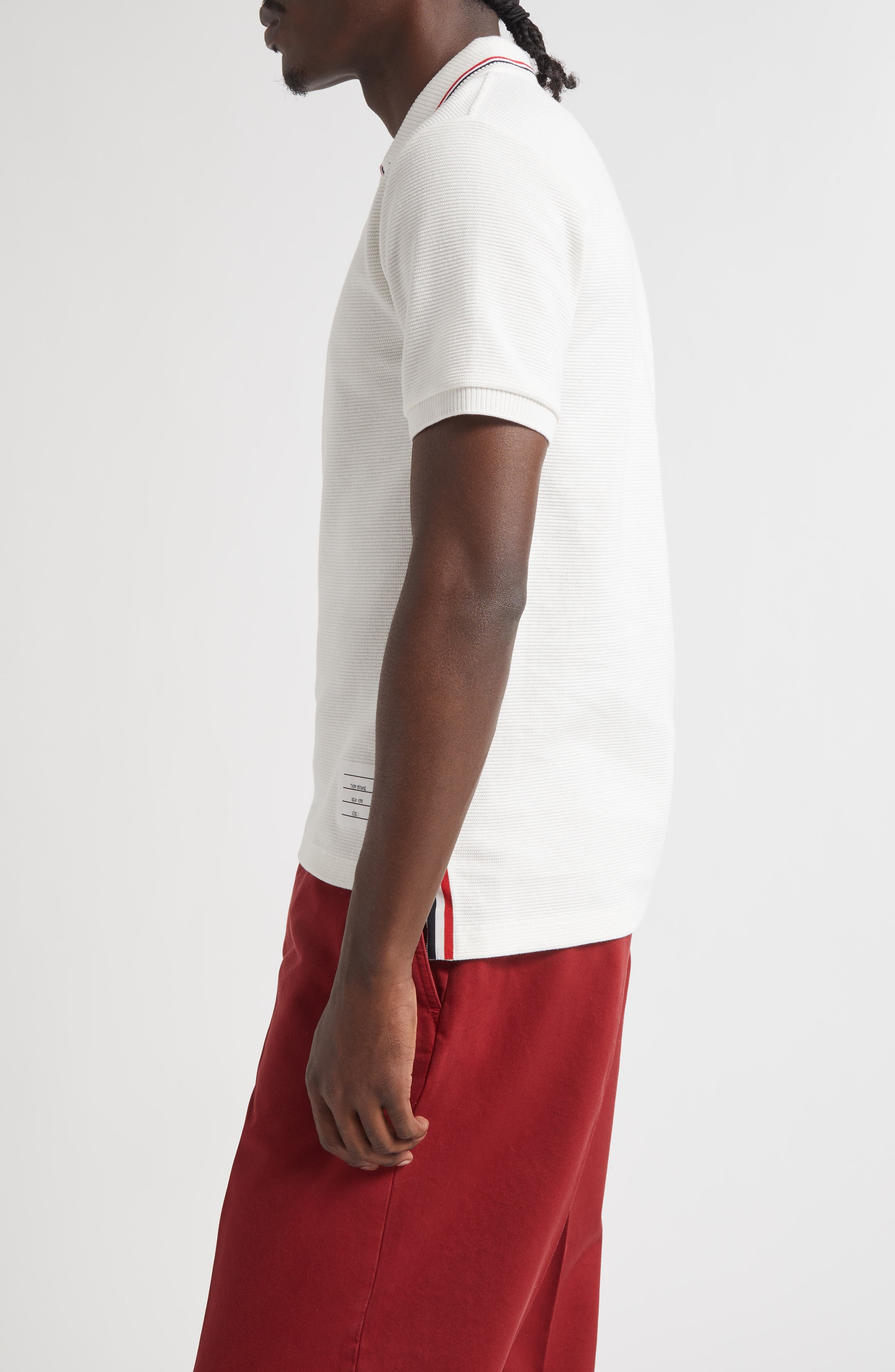 Thom Browne Stripe Trim Waffle Stitch Polo in Natural White at Nordstrom - 3