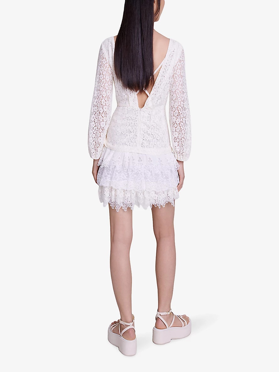 Lace-embroidered long-sleeve draped woven mini dress - 4