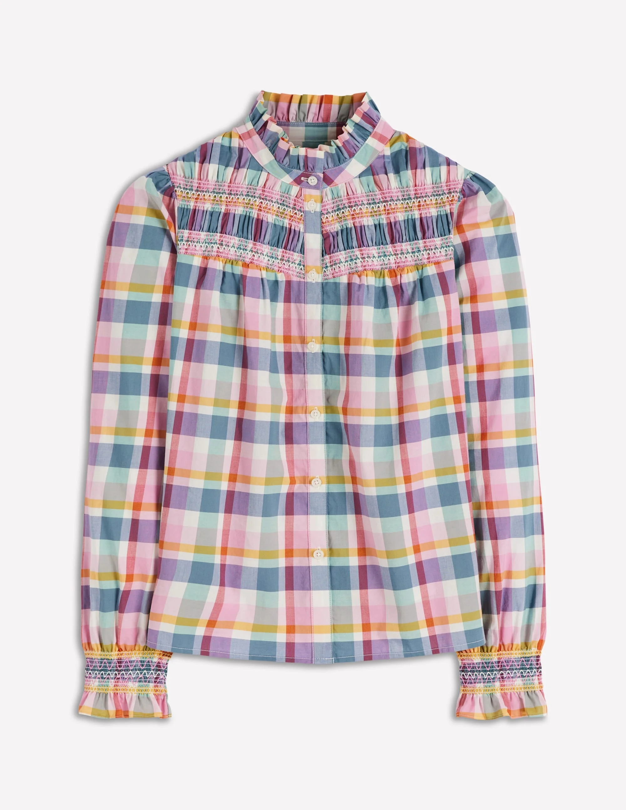 Esme Smocked Detail Frill Top-Multi Check - 1