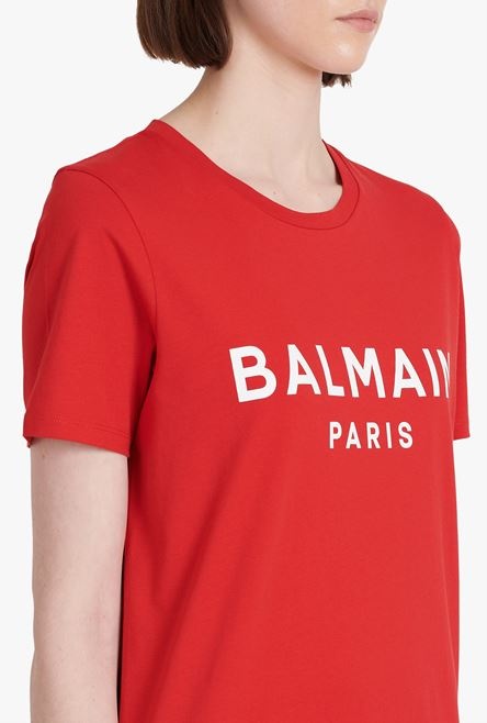 Red eco-designed cotton T-shirt with white Balmain logo print - 6