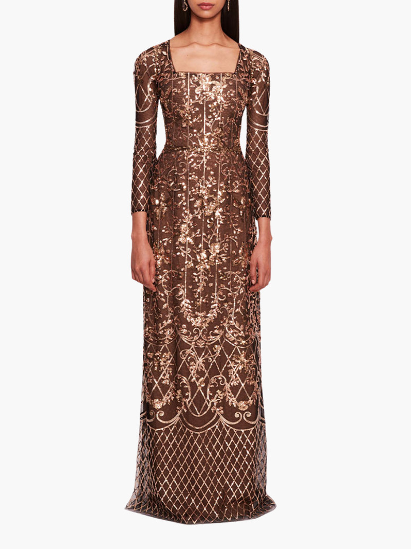 SEQUIN LATTICE SLEEVED GOWN 1