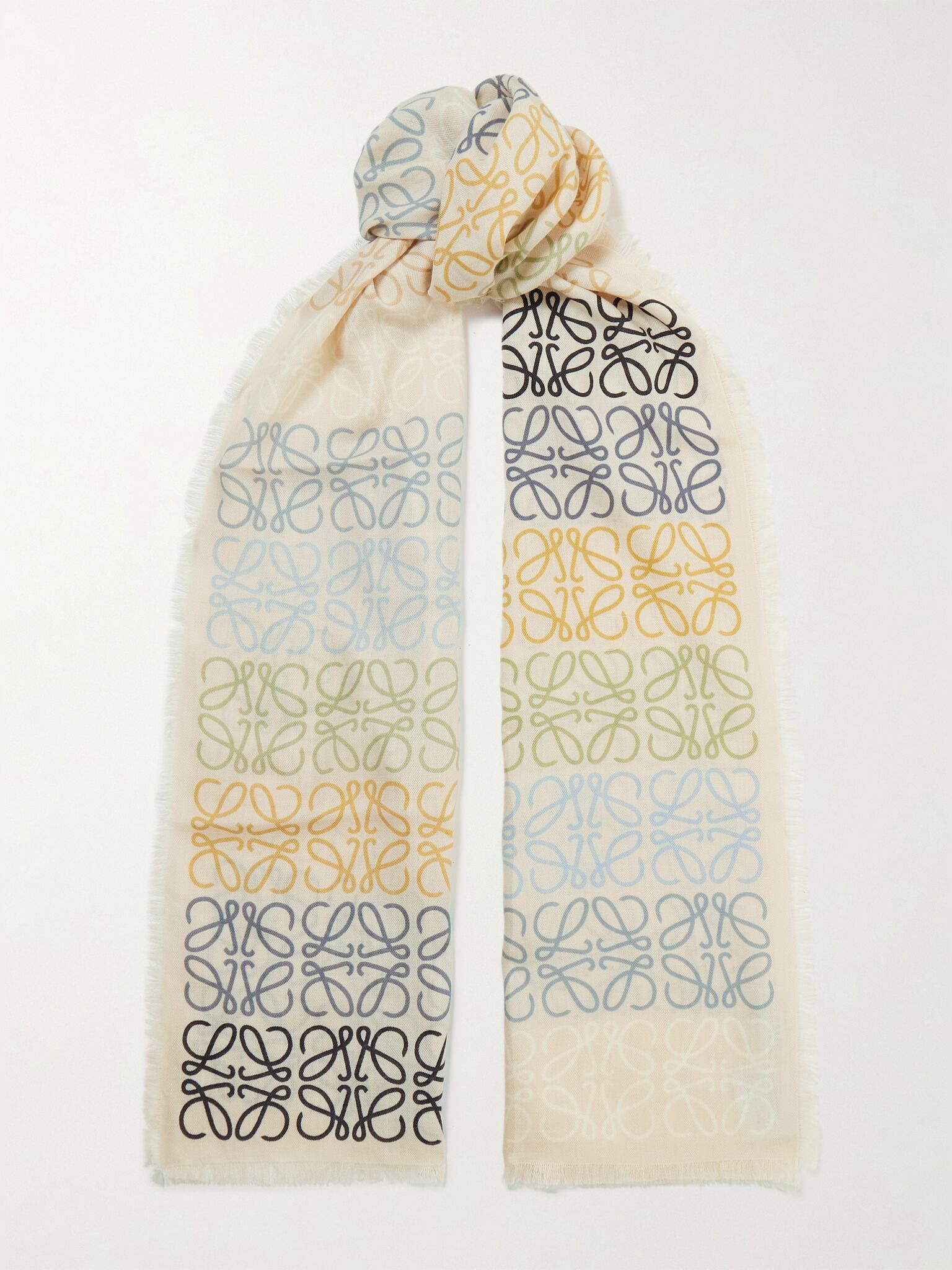 Fringed printed wool, silk and cashmere-blend scarf White - 1