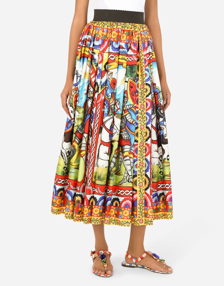 Carretto-print twill calf-length skirt - 4