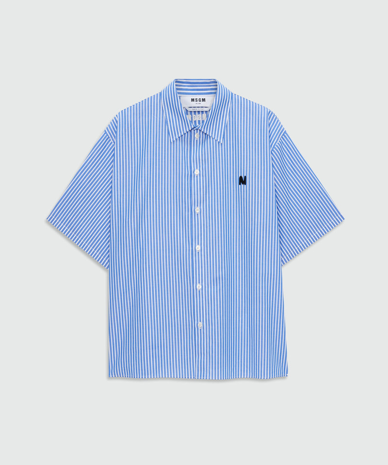 Light blue striped cotton poplin short-sleeve shirt with classic collar and front patch 1