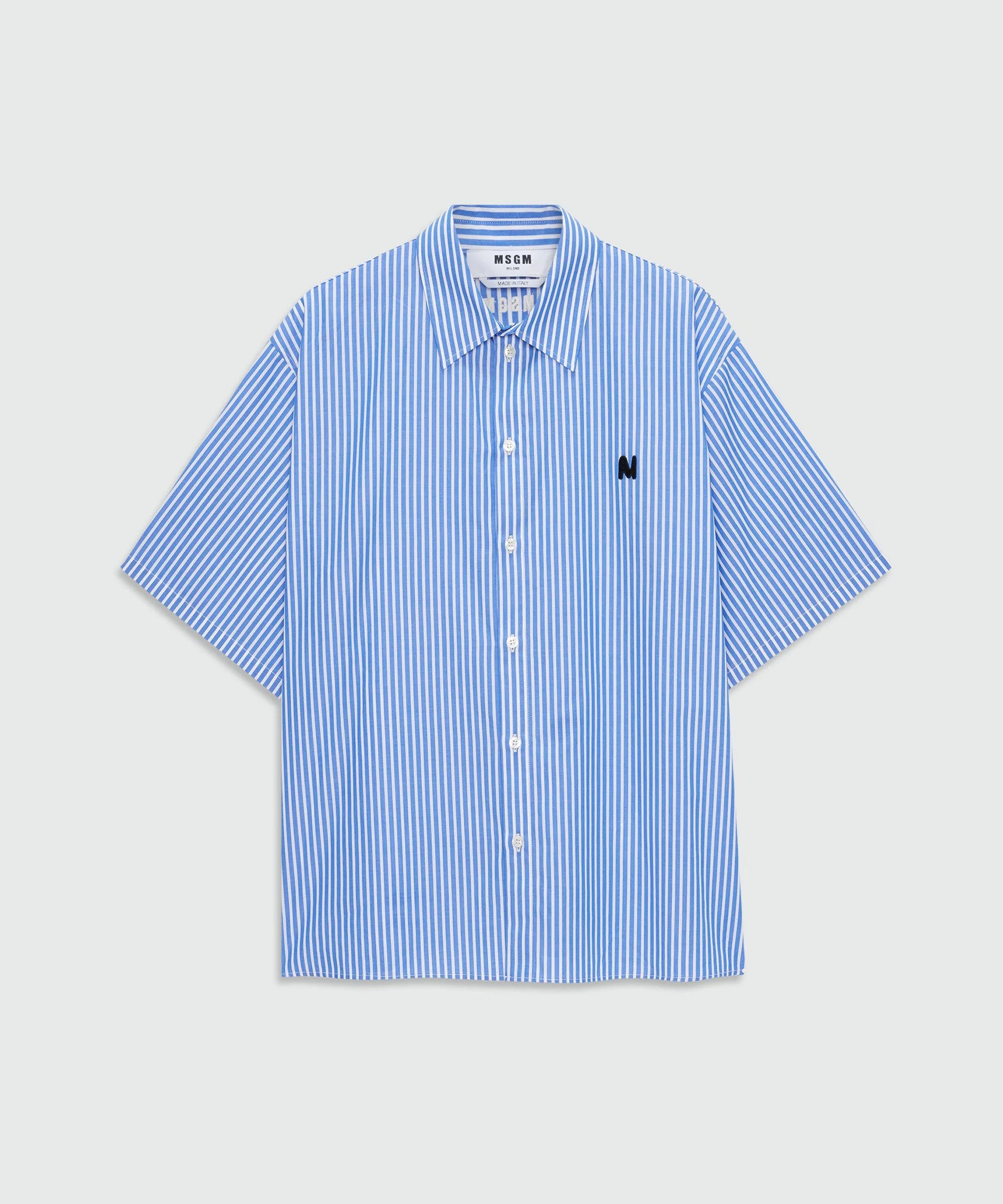 Light blue striped cotton poplin short-sleeve shirt with classic collar and front patch - 1