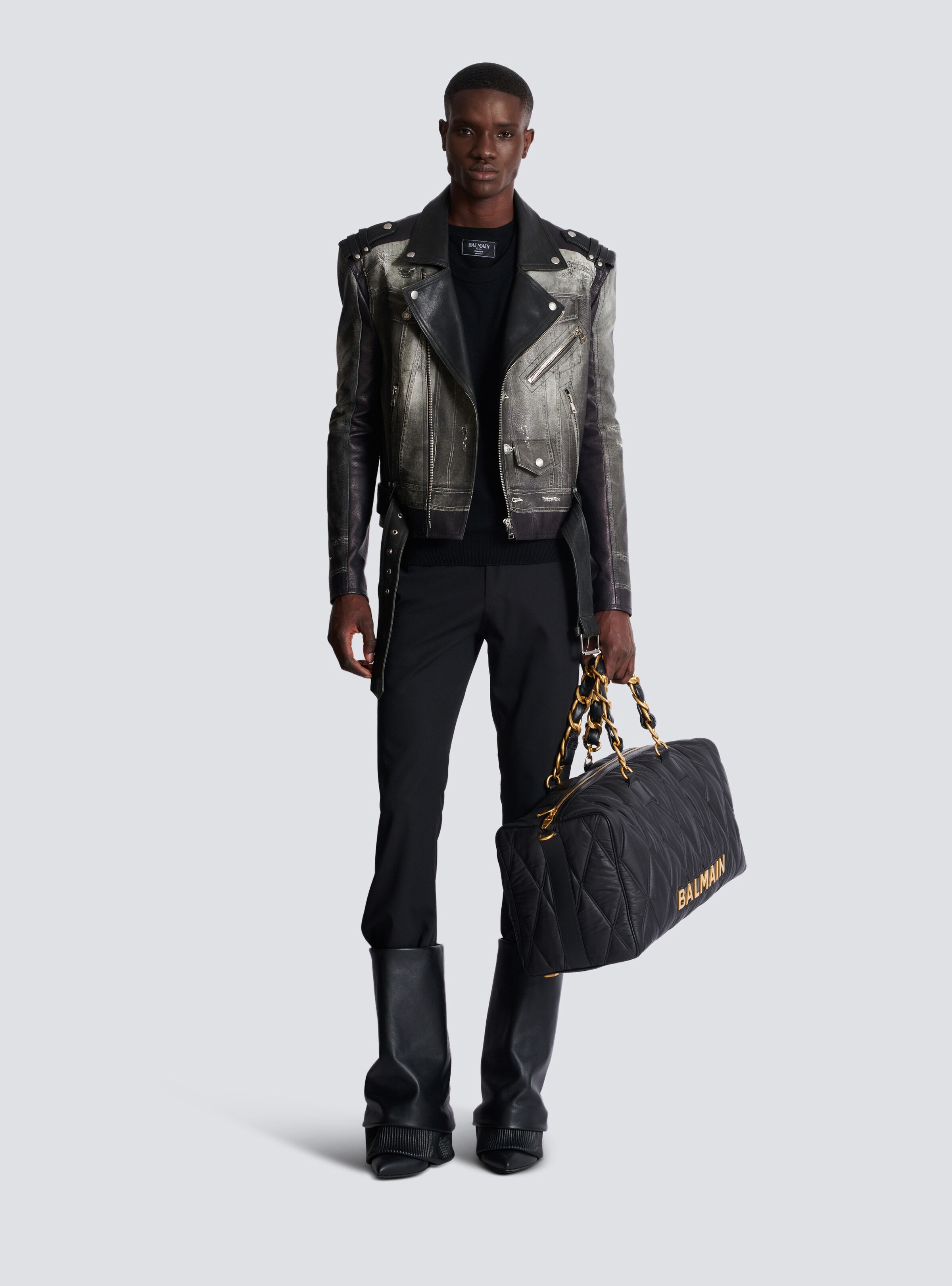 Leather biker jacket with denim print - 2