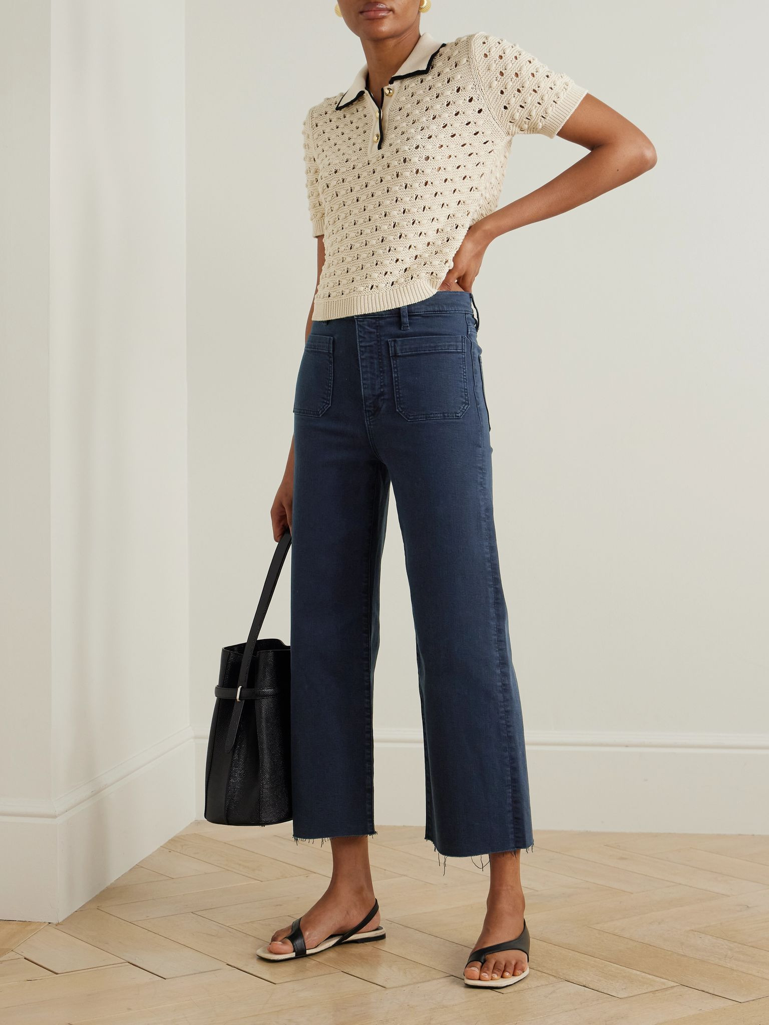 The Anchor frayed cropped high-rise wide-leg jeans Navy - 2