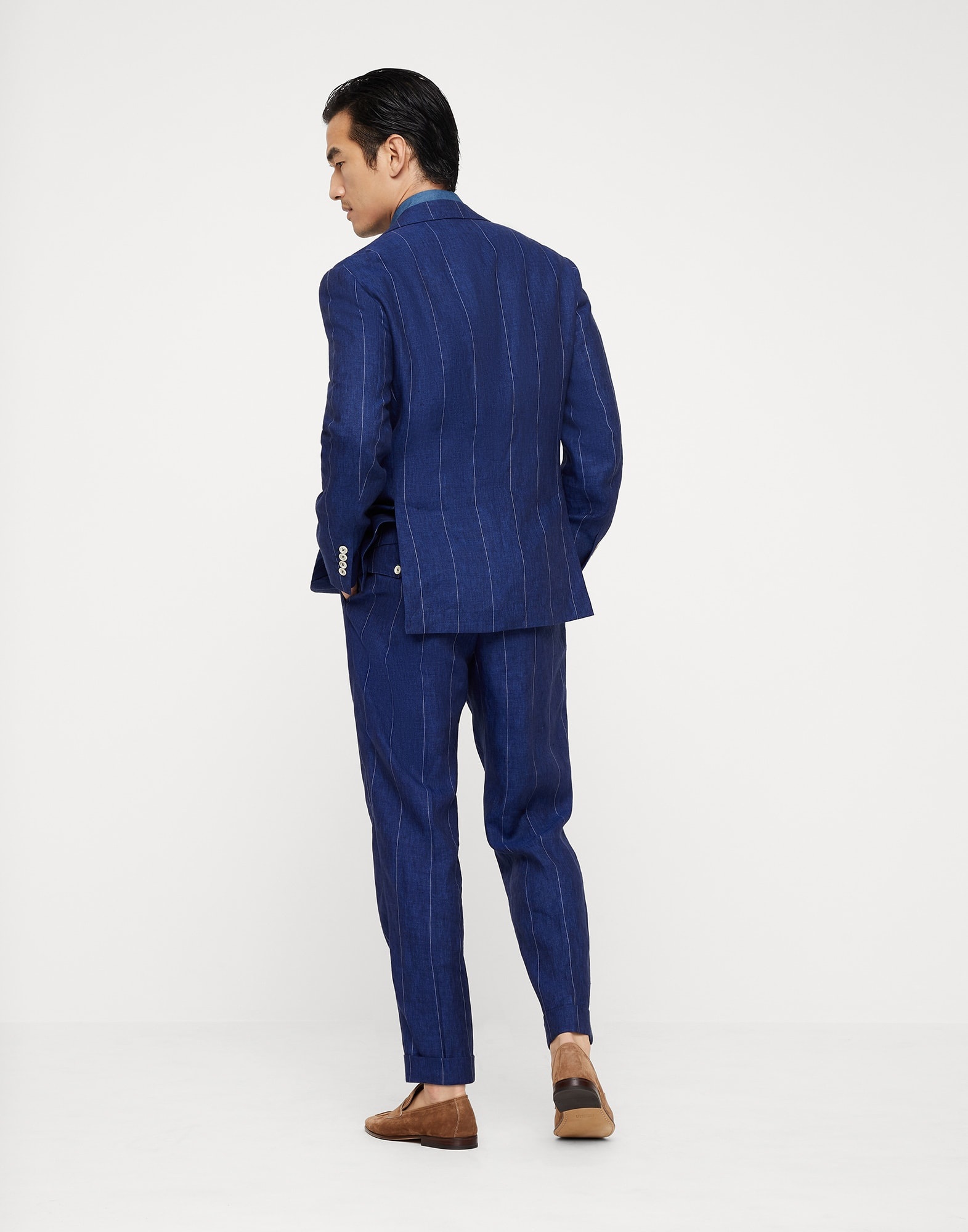 Linen wide chalk stripe Leisure suit: deconstructed jacket and double-pleated trousers with tabbed w - 2