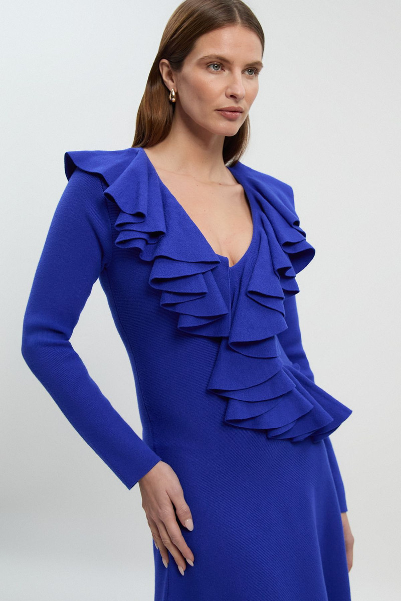KAREN MILLEN Compact Wool Look Ruffle V Neck Midi Dress outlook