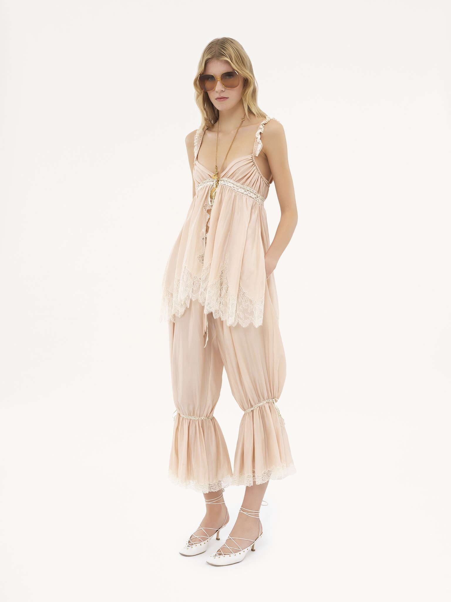 FLUID CROPPED PANTS IN WASHED SILK PONGÉ & LACE - 3