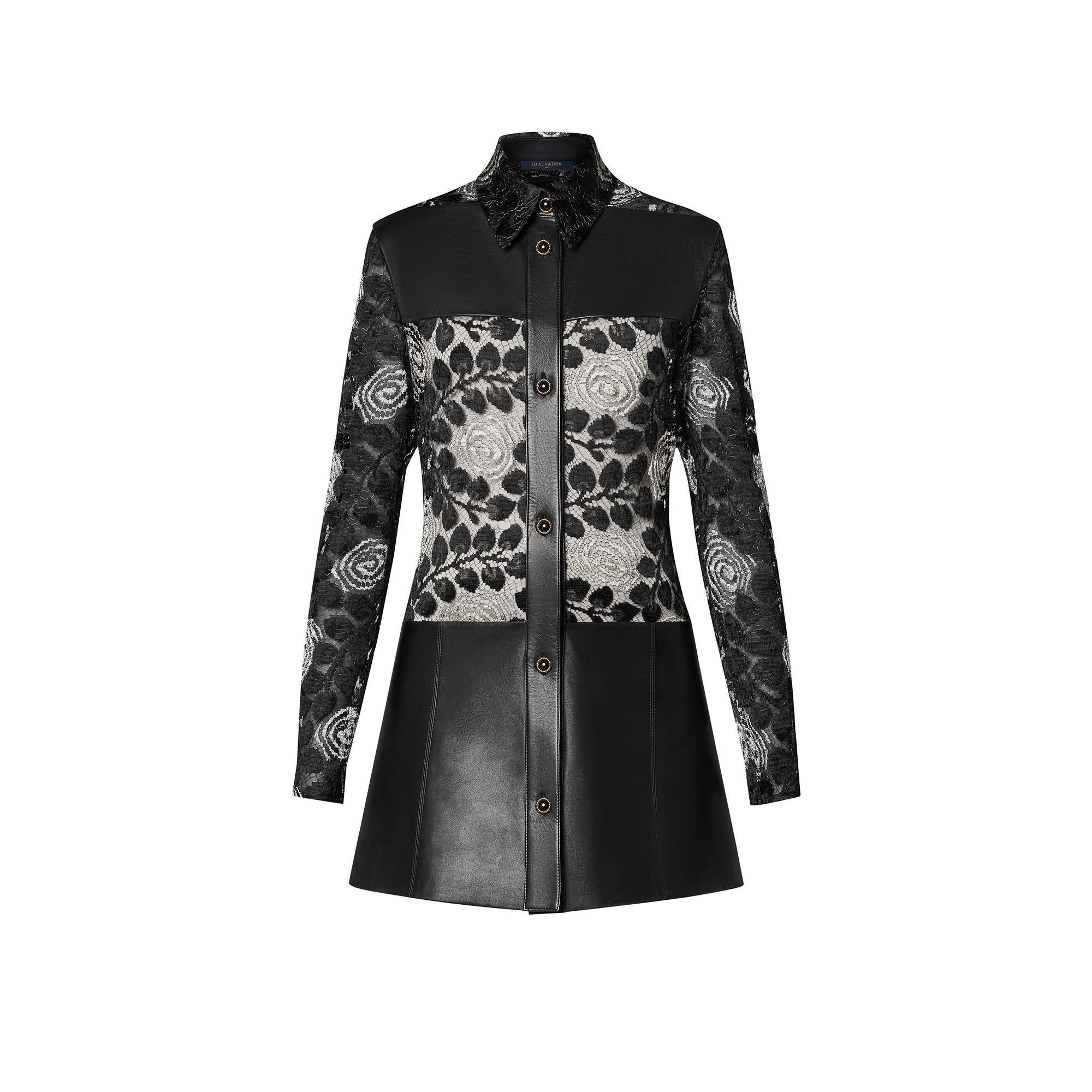 Floral Lace and Leather Shirt Dress - 1