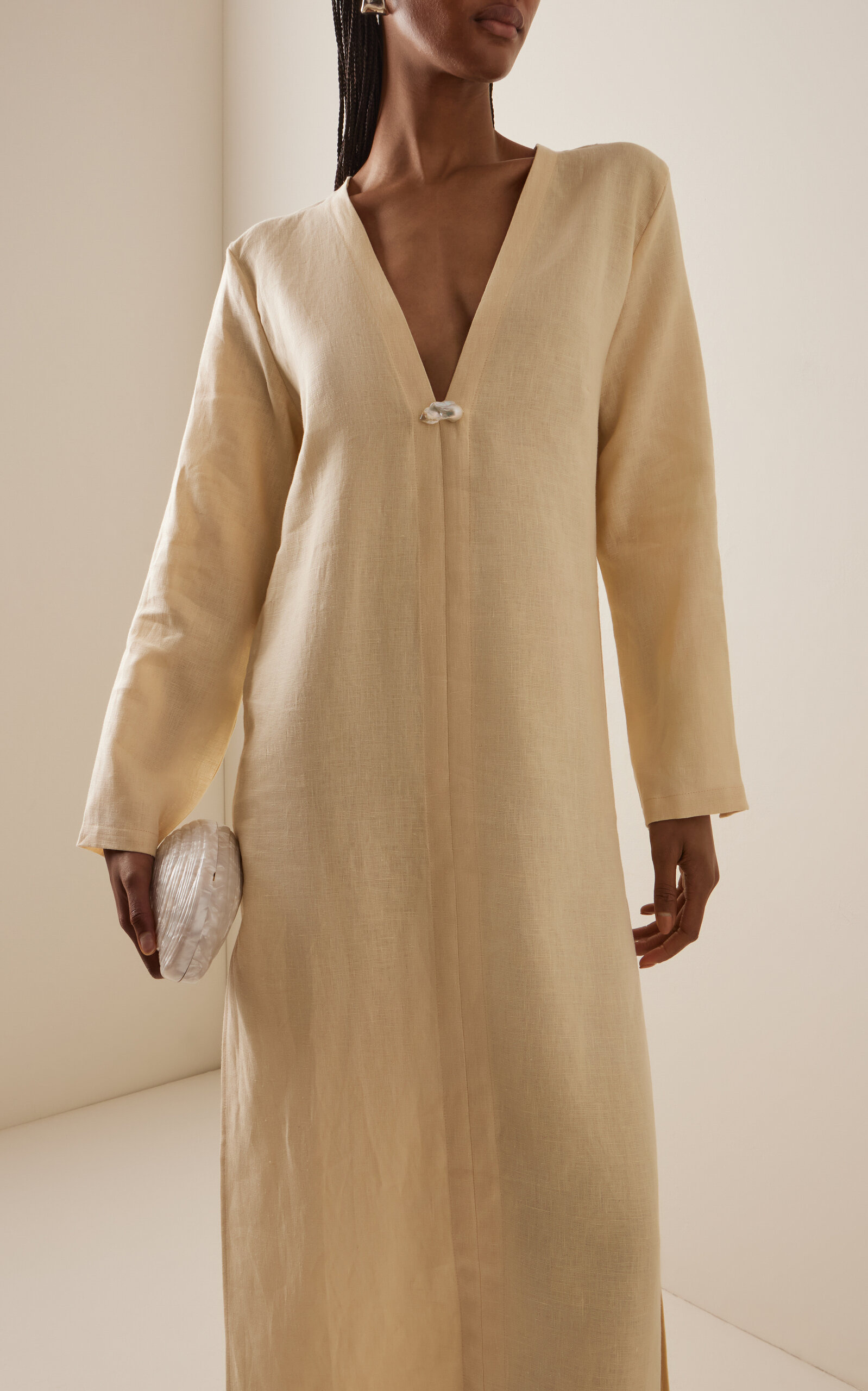 Pearl-Embellished Linen Maxi Dress yellow - 3